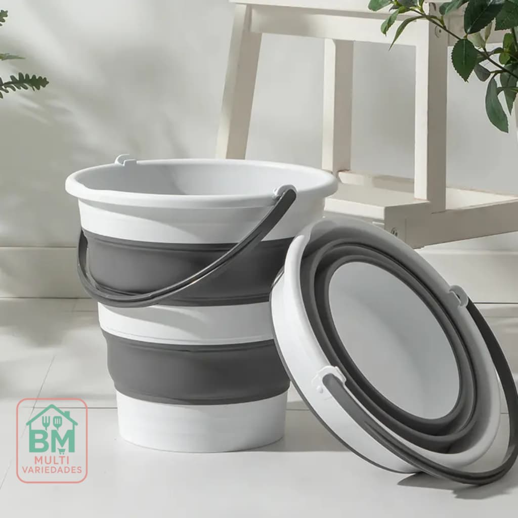 Balde Retrátil de Silicone 10 Litros Dobrável Multiuso Para Lavanderia Com Alça Limpeza Cinza