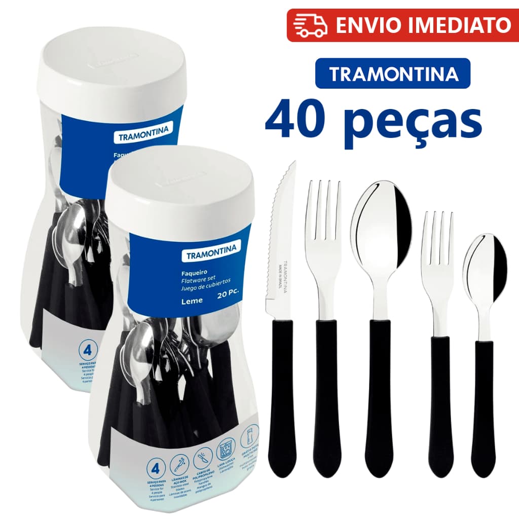 Kit C/2 Jogo De Talheres Faqueiro Tramontina Aço Inox Leme 20 Peças
