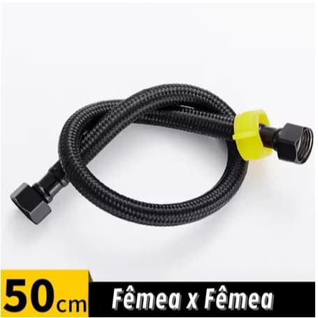 Rabicho Engate Preto/Prata Cromado Flexível Mangueira Aço Inox 1/2 Polegadas 50cm Fêmea/Fêmea