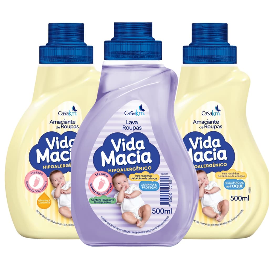 Kit 03 Vida Macia Hipoalergenico Para Bebe Camomila 02 Amaciante + 1 Lava Roupas 500 Ml Cada