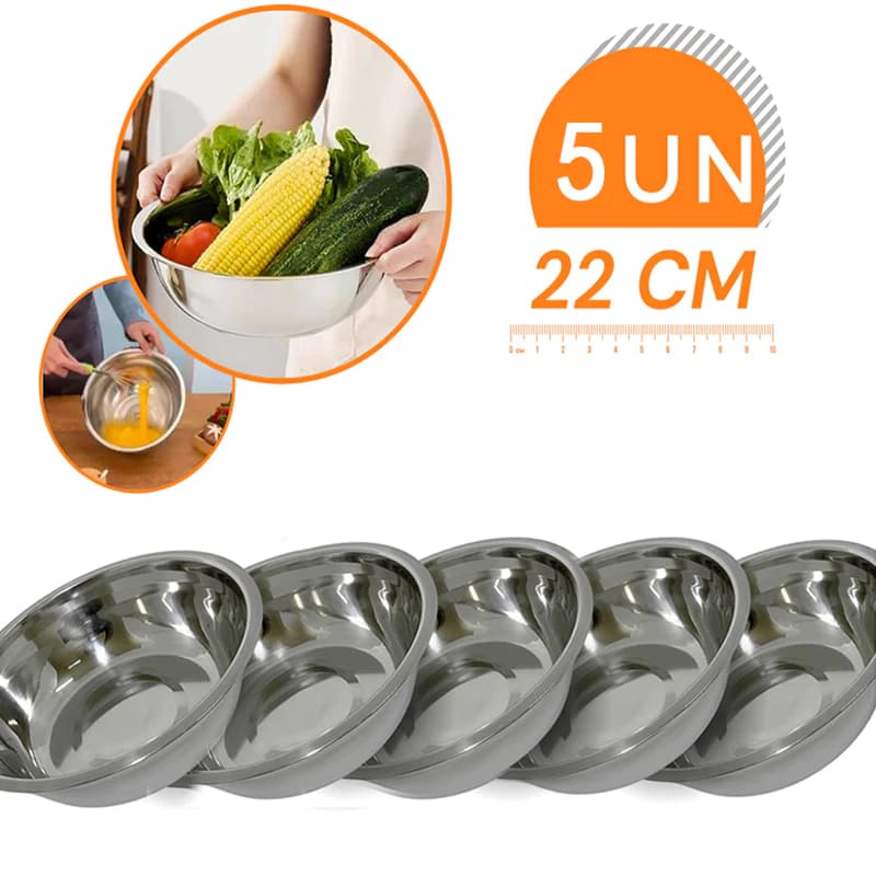 Kit 5 Inox Tigela Saladeira Multiuso Bowl Profissional Fundo Cozinha Gourmet 22 CM