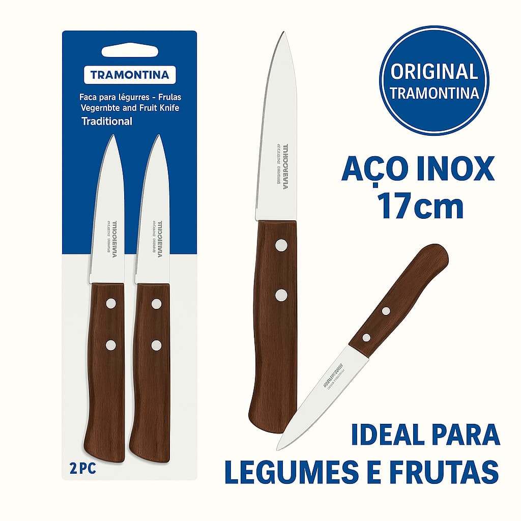 Jogo 2 Facas Tramontina para Legumes e Frutas 17cm Cabo de Madeira - Cozinha, Corte Preciso