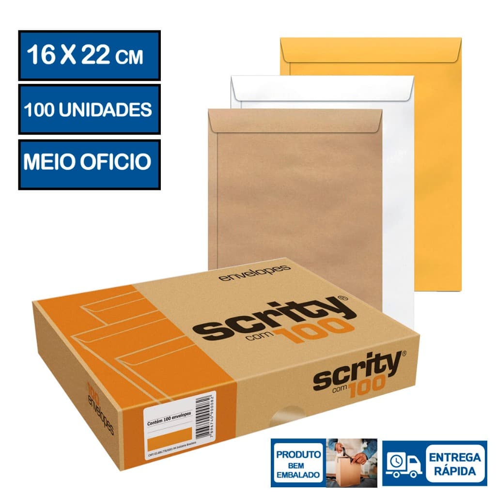 Envelope Meio Oficio Saco 162X229 mm Scrity 100 Unidades