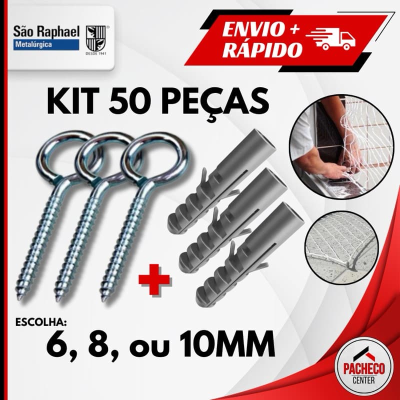 Kit de Gancho Fechado Pitão e Bucha para Fixação de 6, 8 ou 10 mm - 50 peças - São Raphael