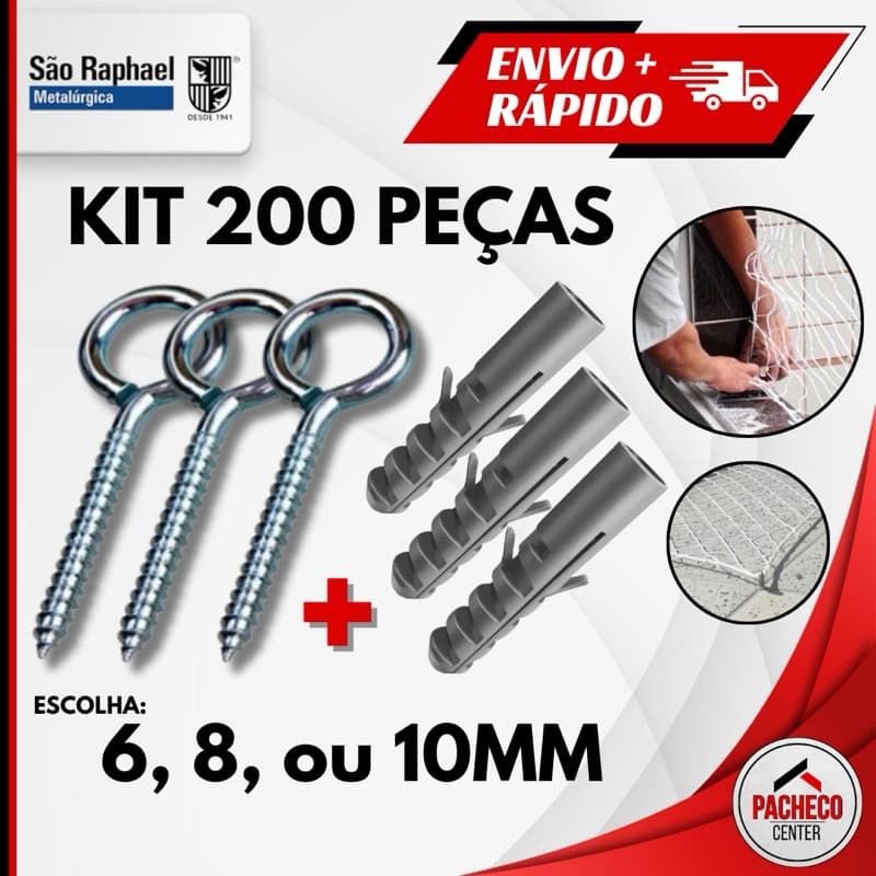 Kit de Gancho Fechado Pitão e Bucha para Fixação de 6, 8 ou 10 mm - 200 peças - São Raphael