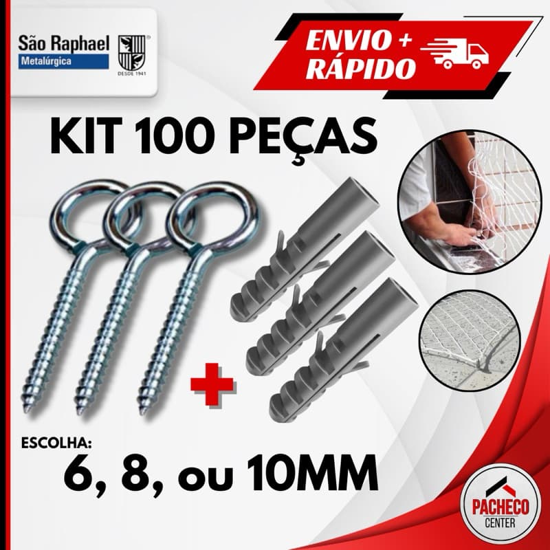 Kit de Gancho Fechado Pitão e Bucha para Fixação de 6, 8 ou 10 mm - 100 peças - São Raphael