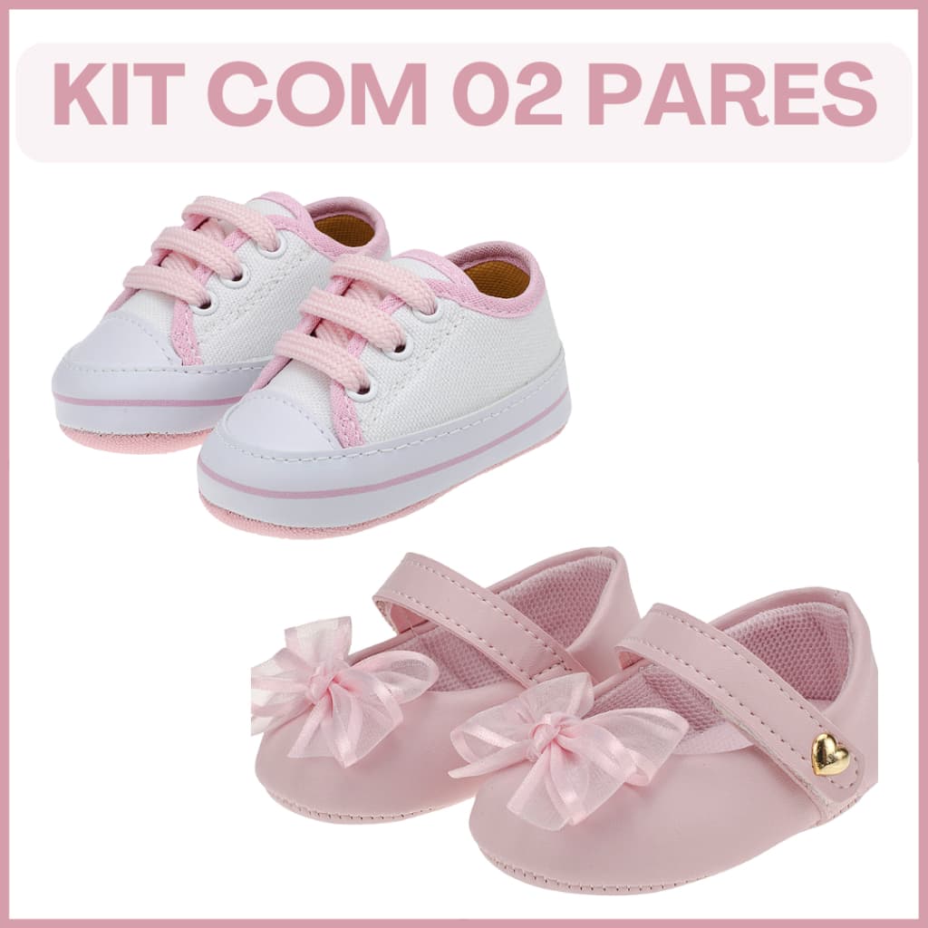 Sapatinho Bebê Menina Rosa Kit com 02 Pares uso Formal e Diário Super Macia e Confortável