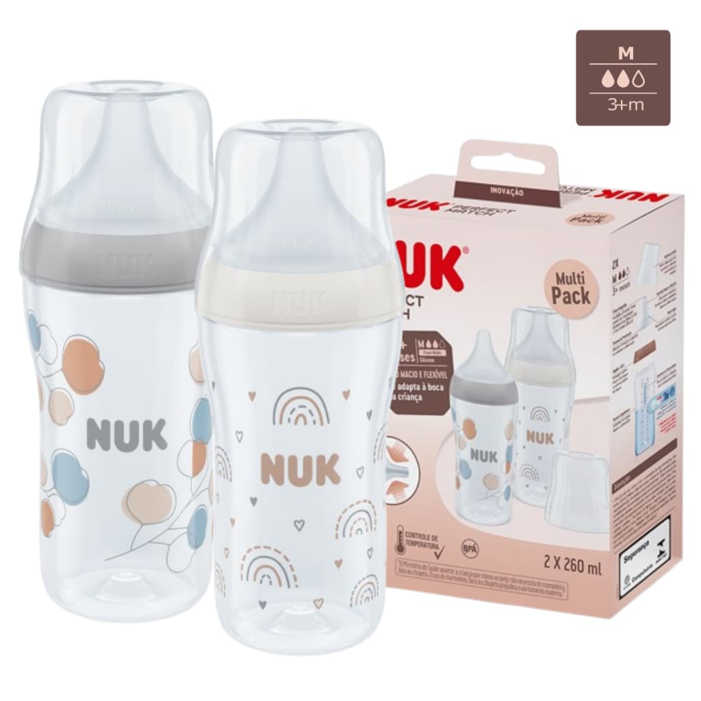 Kit Mamadeiras Nuk Anticolica Controle de Temperatura Fluxo Médio Bico Silicone Extra Macio +3 m
