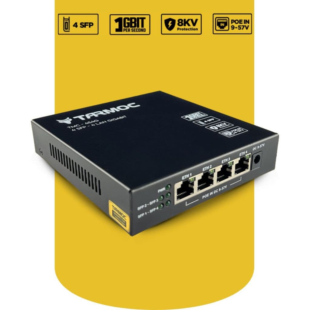 Tarmoc TMC-4S4G-P-V1 CONVERSOR DE FIBRA ÓPTICA MÍDIA Switch 4 SFP 4 LAN / 4 FO 4 LAN Gigabit POE IN 9-57V 8KV Proteção