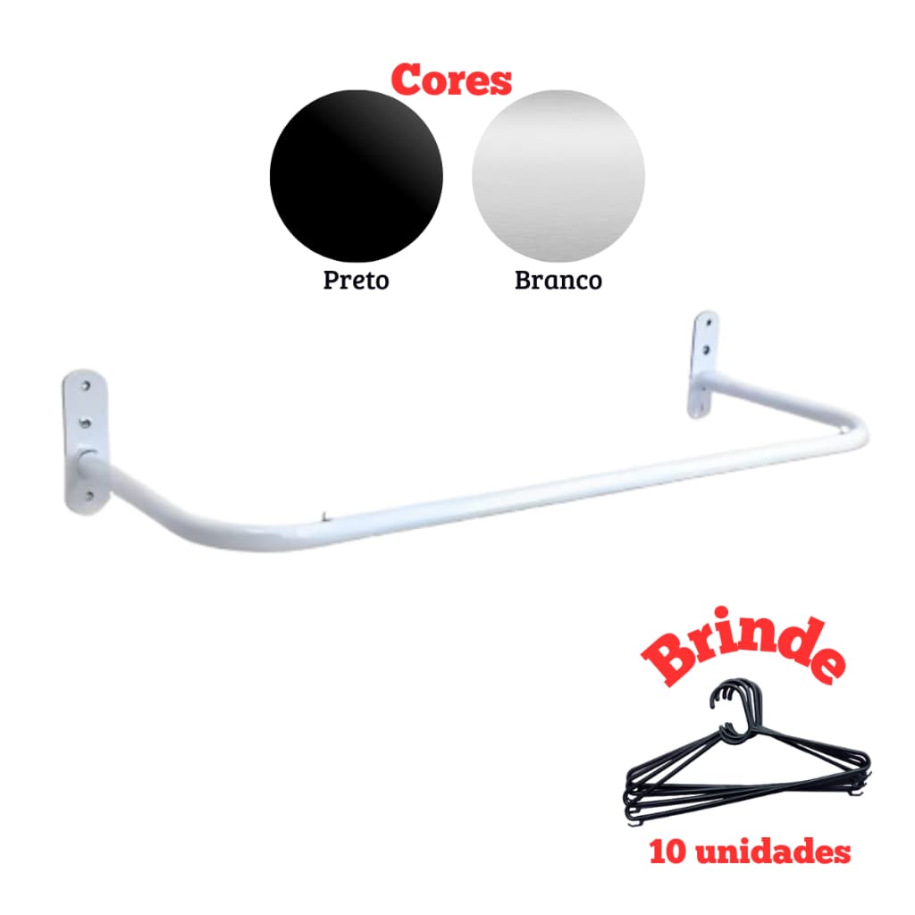 Arara de Parede 80Cm, 1M ou 1.20M Branca ou Preta + Brinde