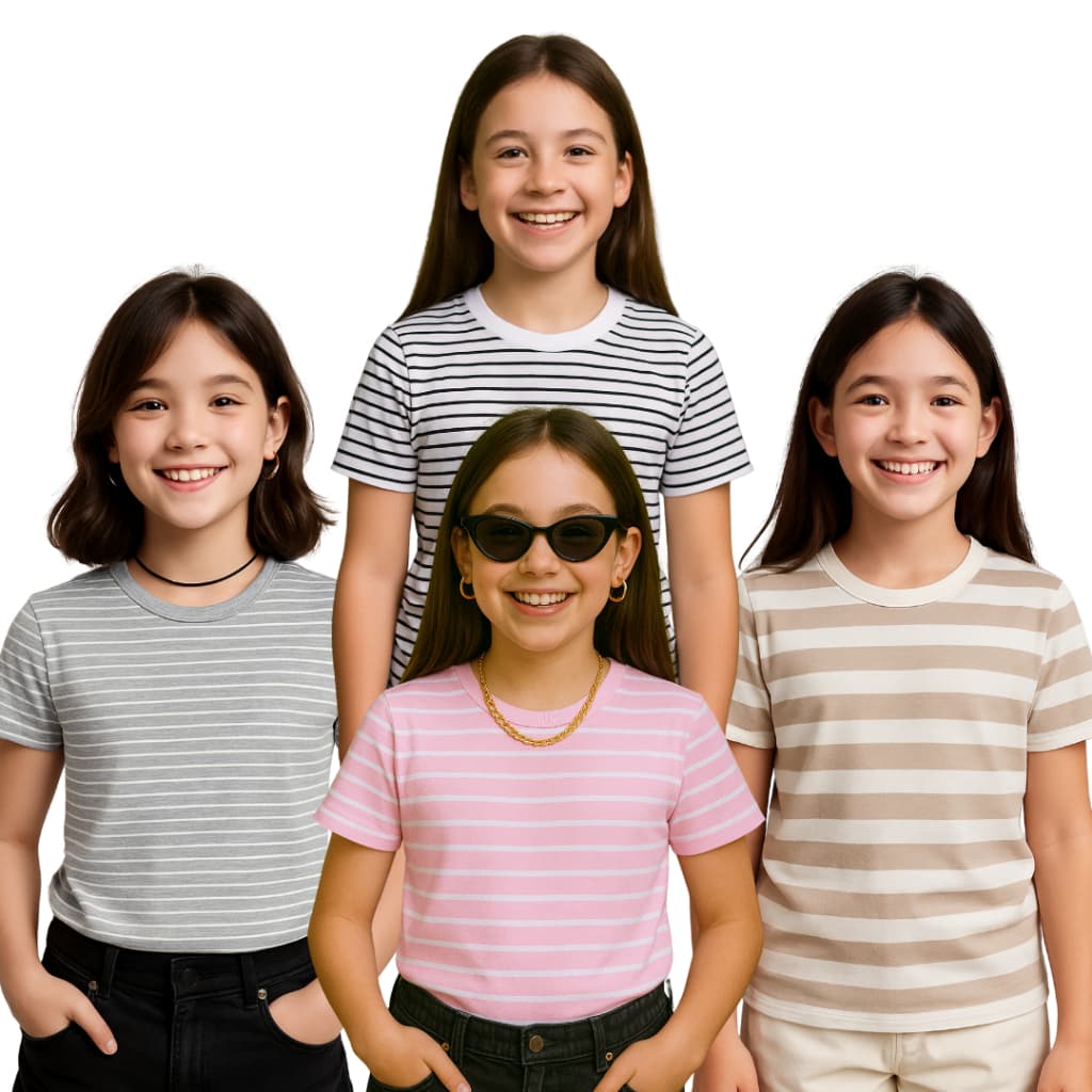 Camiseta Infantil Listrada Feminina Teen Básica Estilosa Confortável 100% Algodão de Alta Qualidade