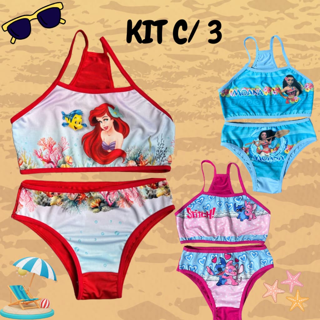 Kit 3 Conjuntos biquine Menina Desenhos personagens biquini moda praia Verão lembrancinha infantil