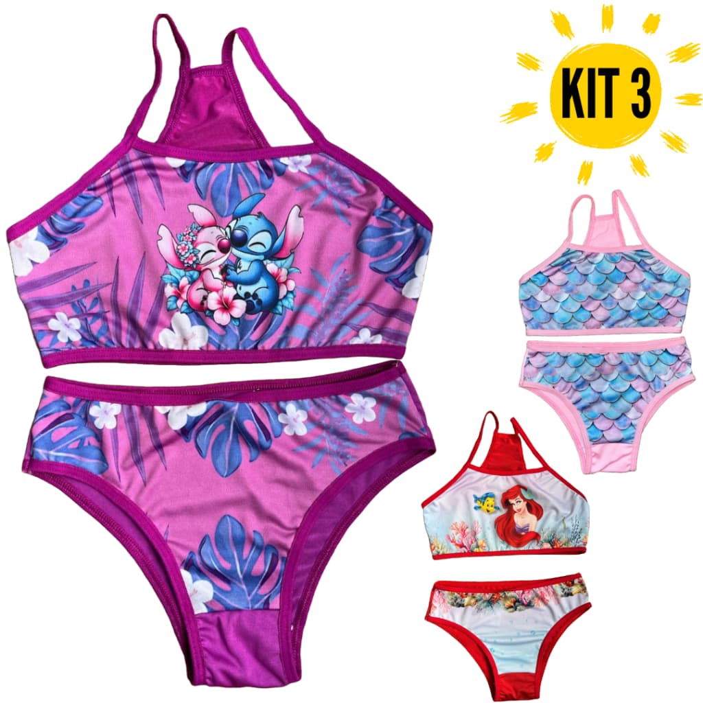 Kit  3 Conjuntos Menina Moça Estilo Nadador Infantil Sublimado Biquinie Personagens presente praia