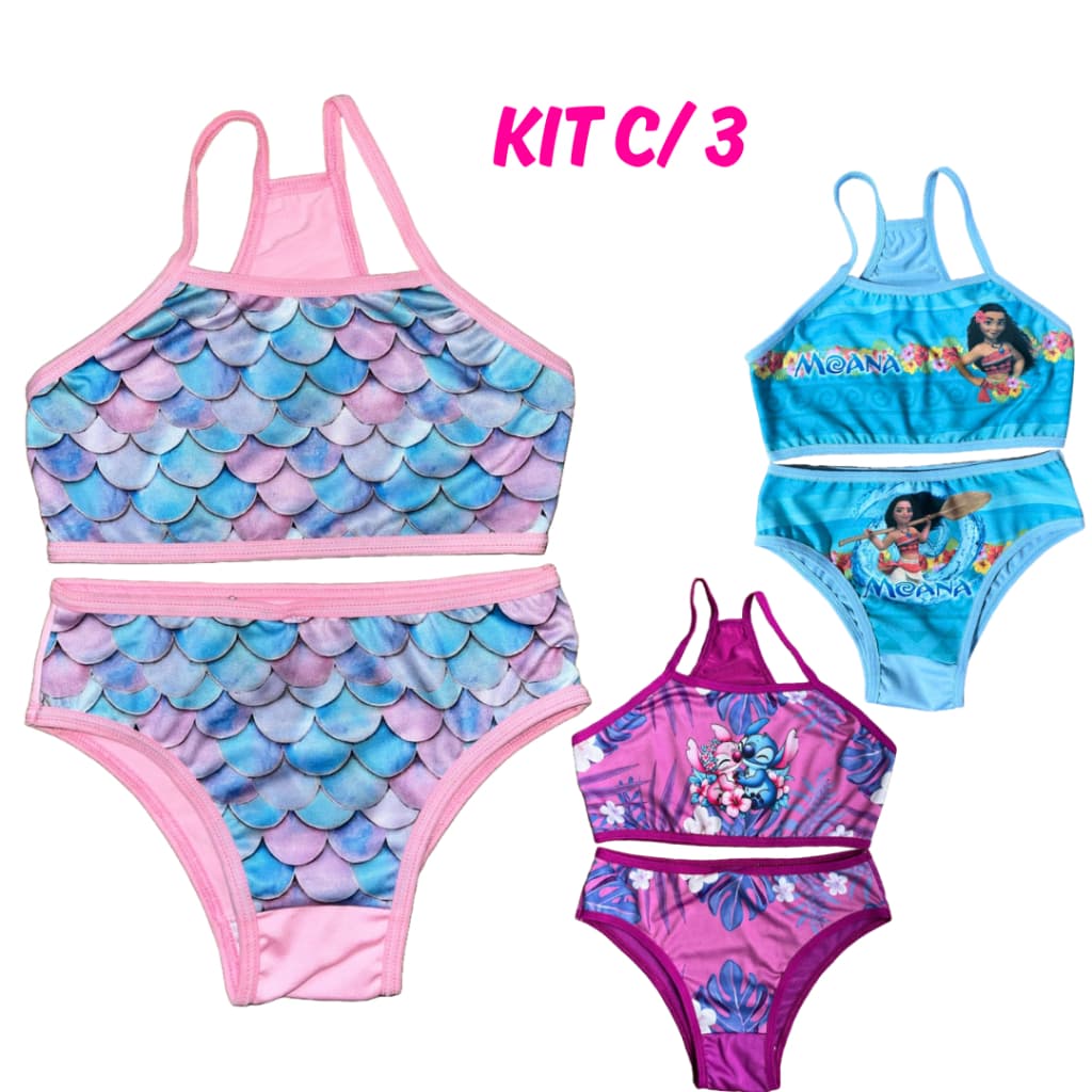 Kit 3 Conjuntos biquini Nadador Sublimados desenhos infantil moda praia verão presente meninas