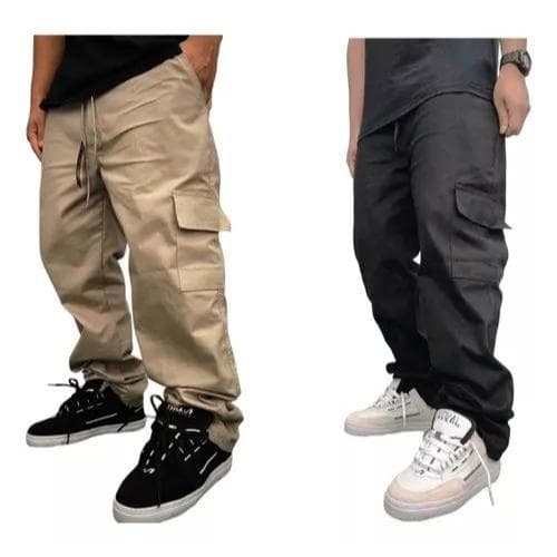 Kit 2 ou uma Calças Cargo Masculinas e Feminina Elegante 6 Bolsos skate Larga Fechamento No Cordão