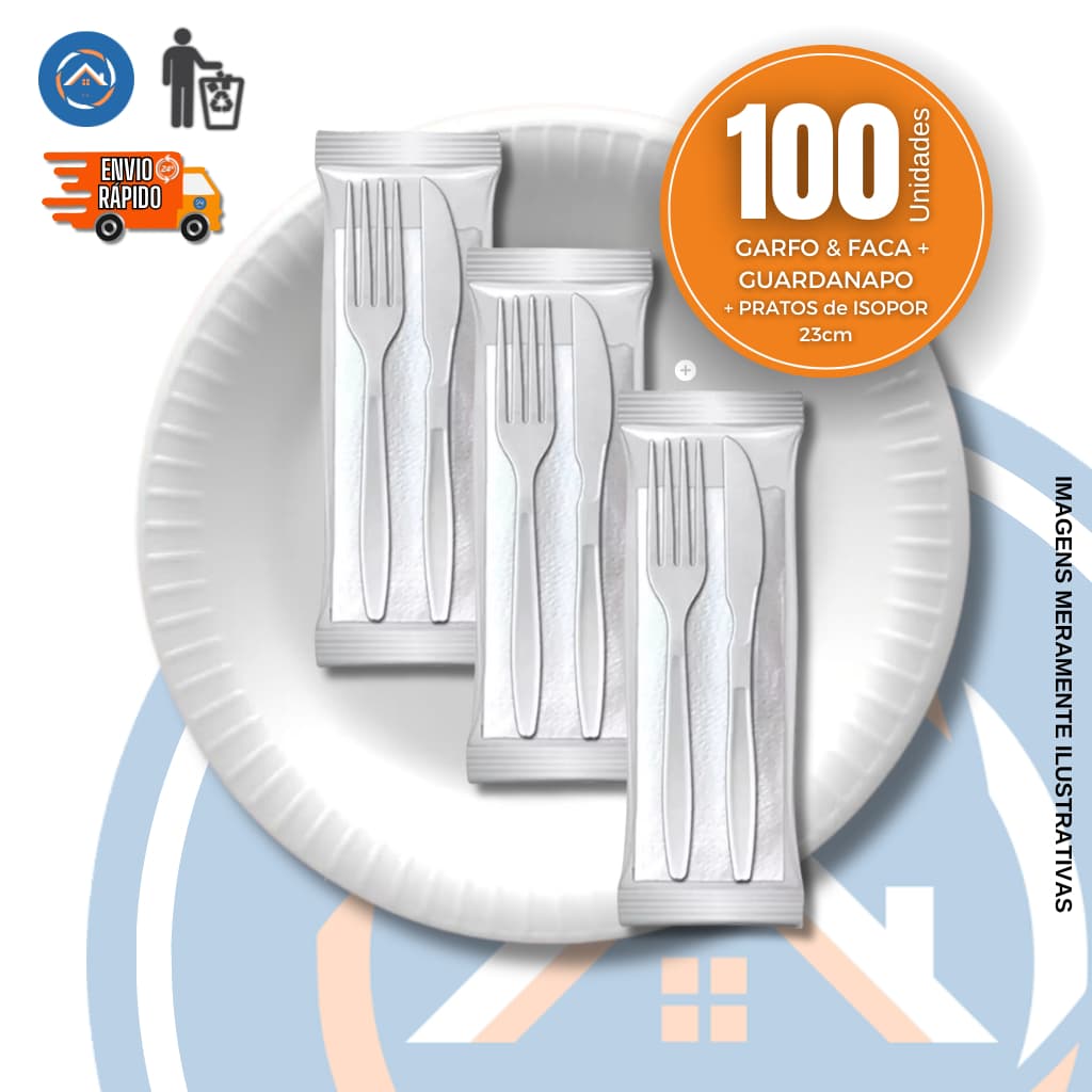 Kit Churrasco Prato de Isopor p/ Refeição Kit Garfo + Faca e Guardanapo c/100un