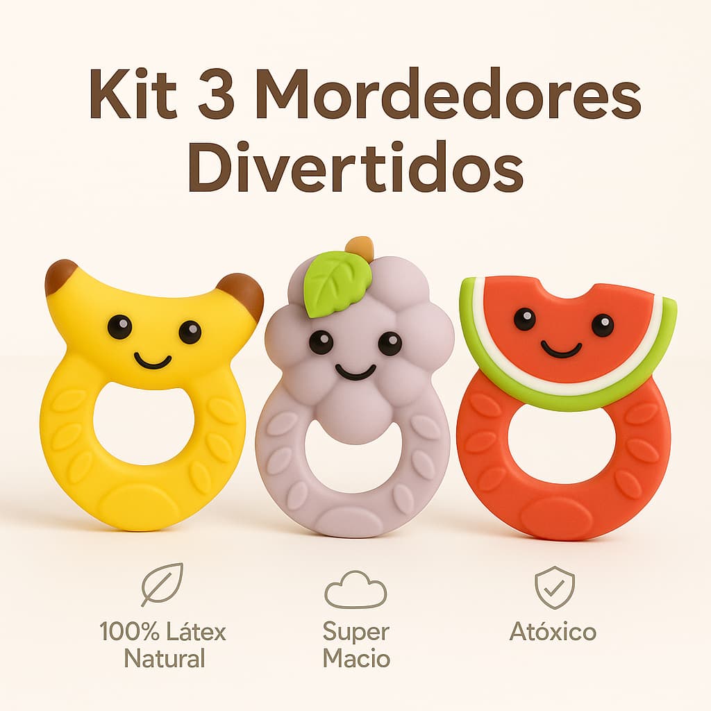 Kit 3 Mordedor Bebê 100% Natural Super Macio Alívio Gengiva Livre de BPA Colorido e Divertido Brinquedo Banho