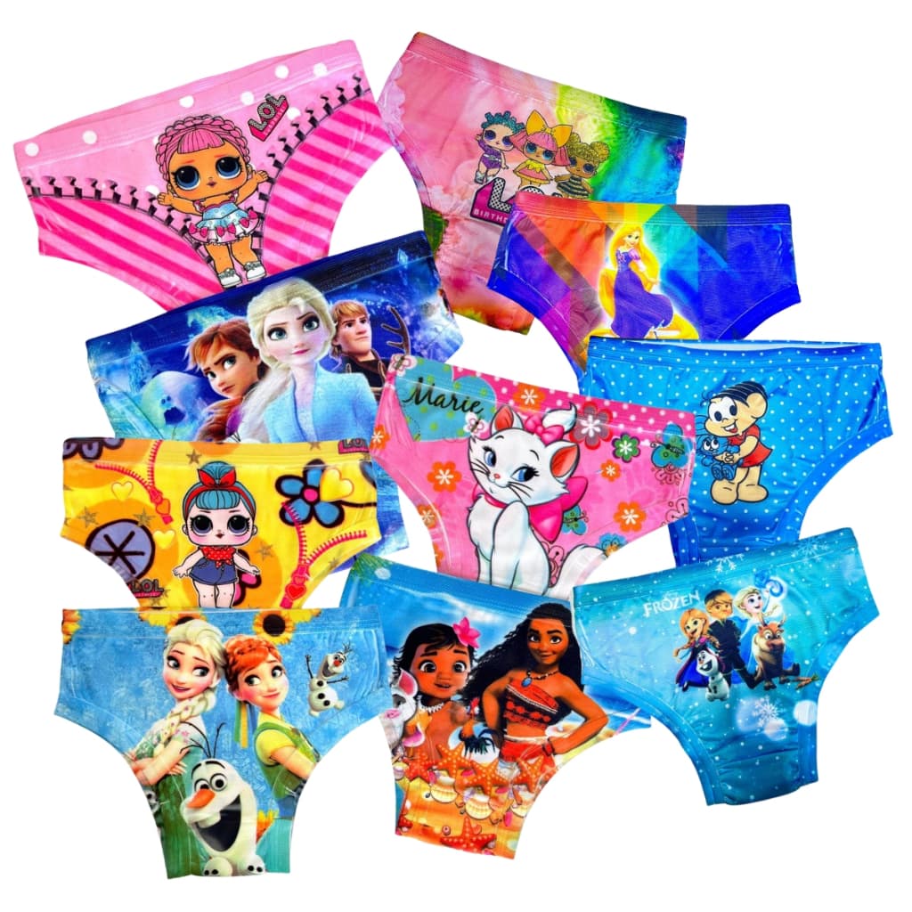 Kit 5 Calcinha Infantil Tanga Menina Moça Calçolinha Sublimada Desenho Boneca Filme