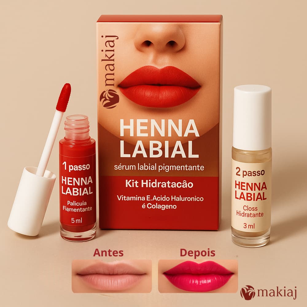 Henna Labial Pigmentante Makiaj Rosa e Vermelha Com Colágeno e Ácido Hialurônico Rejuvenescedor