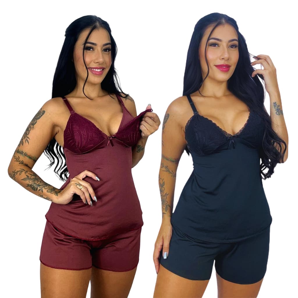 Kit 2 Baby Doll Amamentação para Maternidade Short Doll Gestante Pós Parto Abre Fácil