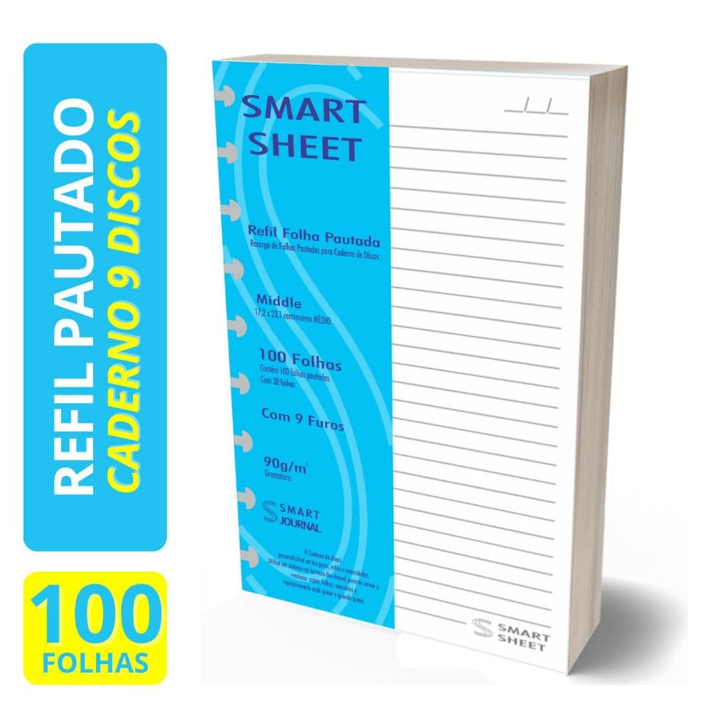 Refil Caderno de Disco Discos 90g 100 Folhas Pautado Medio 9 Furos Smart Sheet