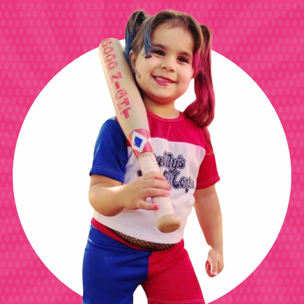 Fantasia Infantil Arlequina - Completa com Taco e Meia Arrastão Estilo Esquadrão Suicida