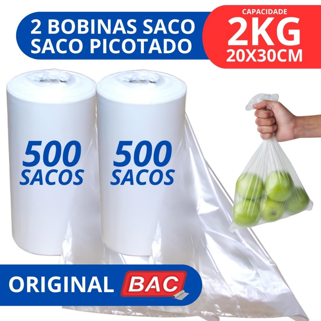 Kit 2 Bobina Picotada 20x30 2kg 500 Sacos Armazenar Embalar Alimento Freezer Microondas Original BAC