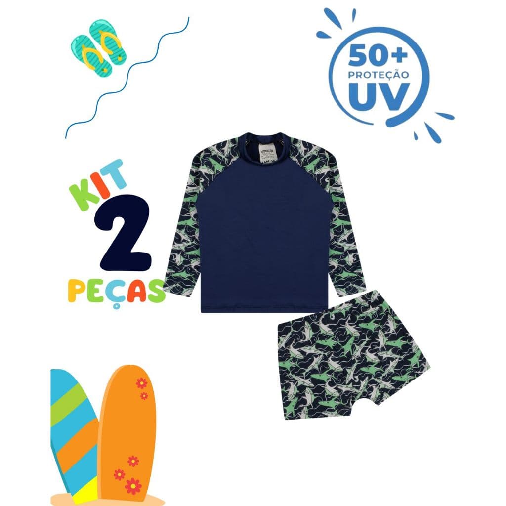 Conjunto Infantil Juvenil Moda  Praia Menino Camisa Manga Longa Proteção UV 50+
