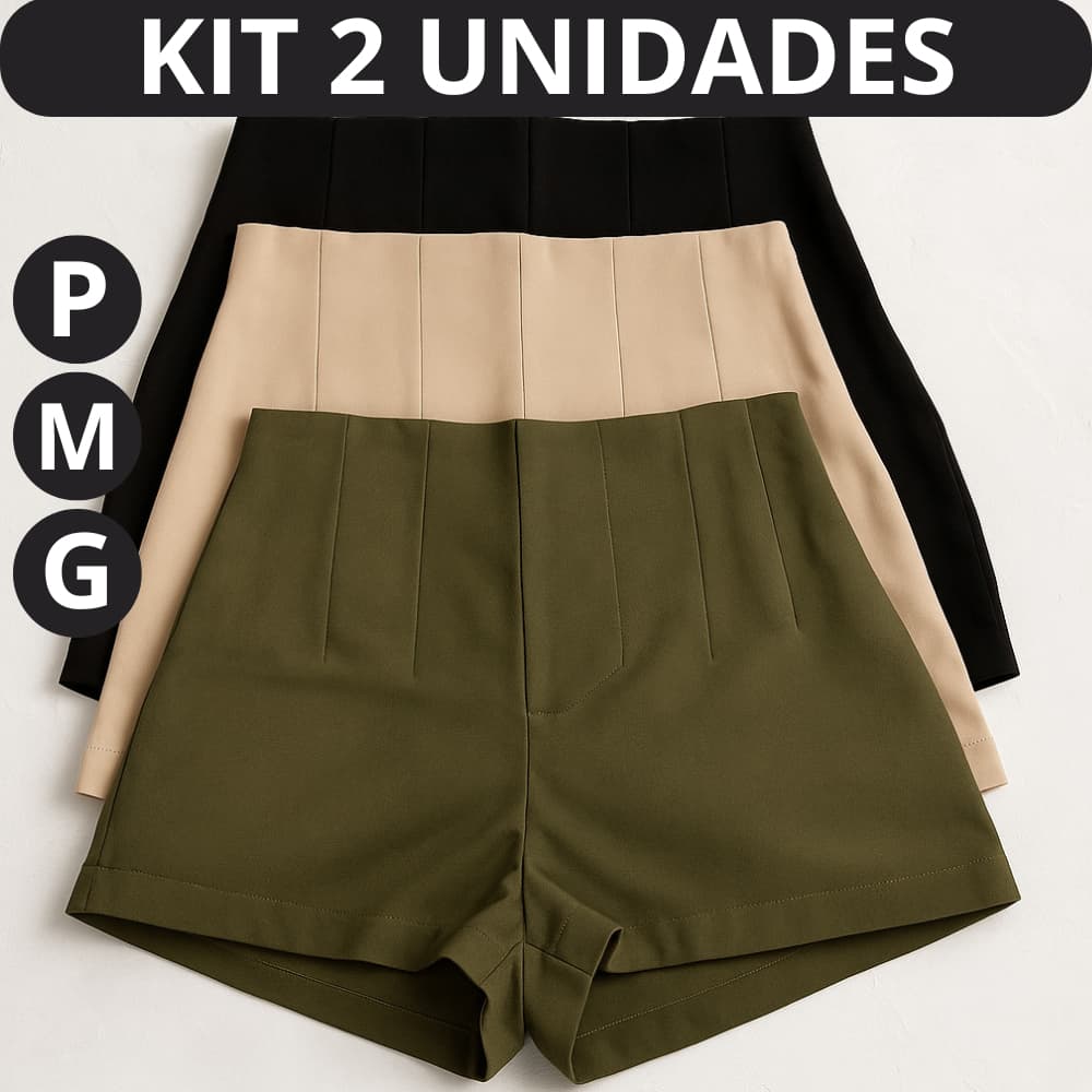 Kit 2 Short Alfaiataria Cintura Alta Feminino Com Zíper Lateral