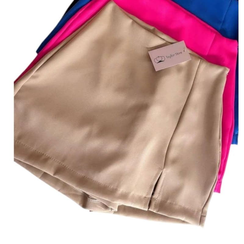 Short Saia Feminino com Fenda Alfaiataria Moda Verão Cores Lisas