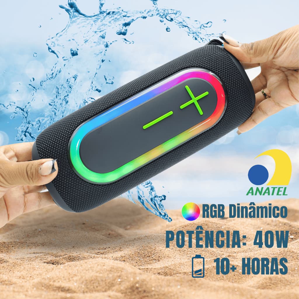 Caixa de Som Bluetooth 40W KIMASTER K520 ANATEL IPX6 TWS RGB LED Alto Falante Subwoofer Portátil FM