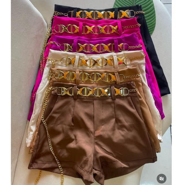 Short Feminino Estiloso Alfaiataria Cintura Alta  com Cinto Corrente Tendência Verão - PROMOÇÃO