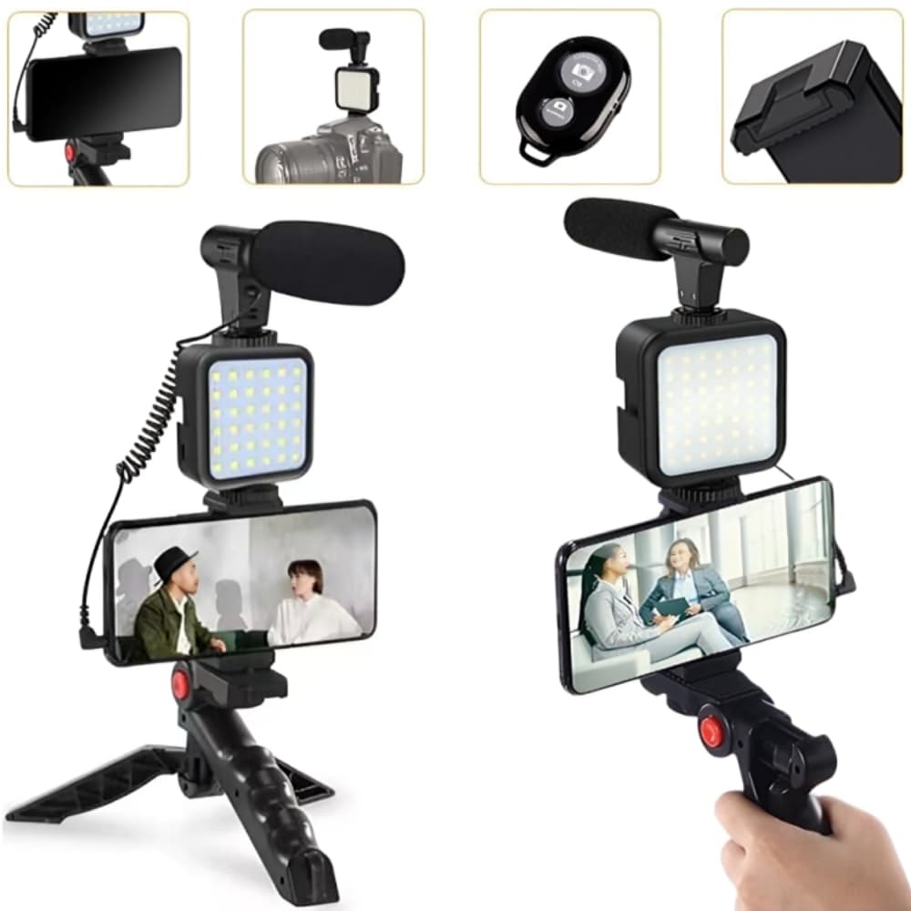 Tripé Estabilizador Para Celular 5 Em 1 Com Microfone Iluminação Live Vlog Gravação De Videos