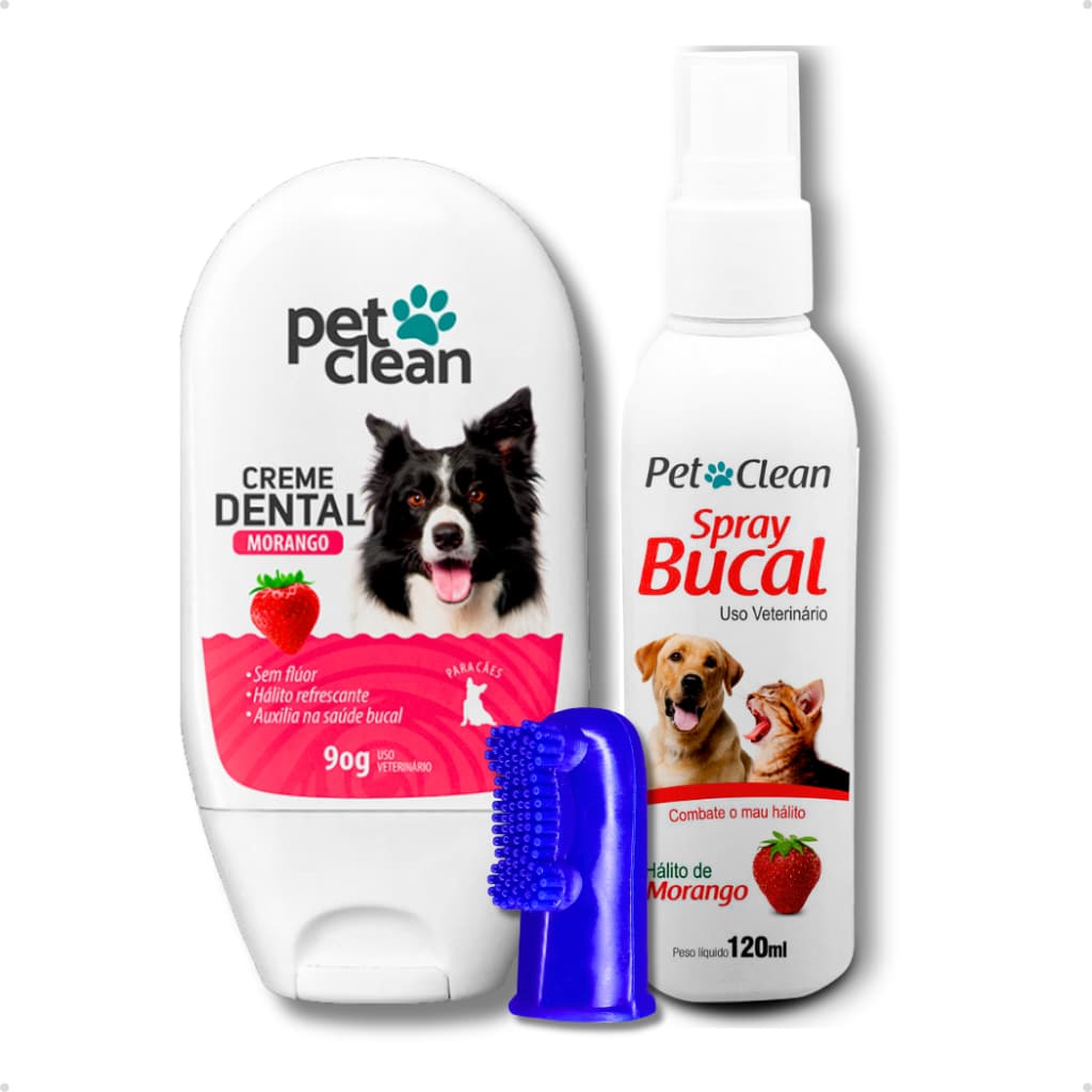 Kit Pet Clean Higiene Bucal para Cachorro e Gato Creme Dental 90 g Spray Bucal 120 ml Escova Dedeira