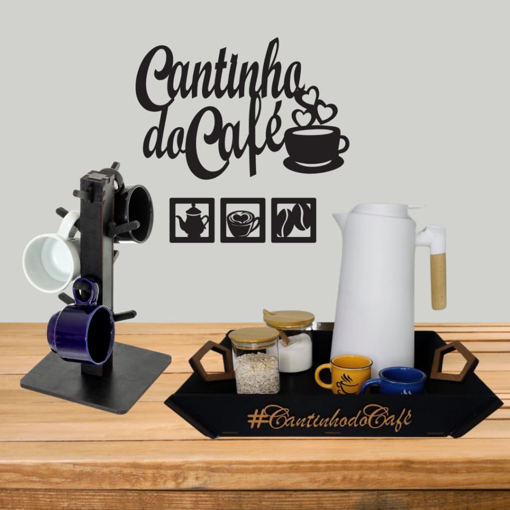 Kit Cantinho do Café Bandeja Diamante + Quadro Vazado + Exclusivo Porta Xícaras Mdf Pintada Organizar e Servir