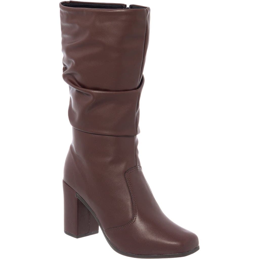 Bota Feminina Sofiolí Cano Longo Enrugada Salto Alto Grosso Bico Quadrado Original Moda Confortável