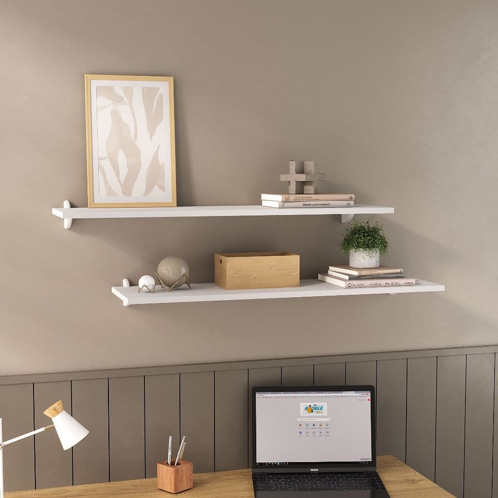 Kit 2 Prateleiras 60x25 MDF com Suporte Arredondado - Branco/Castanho