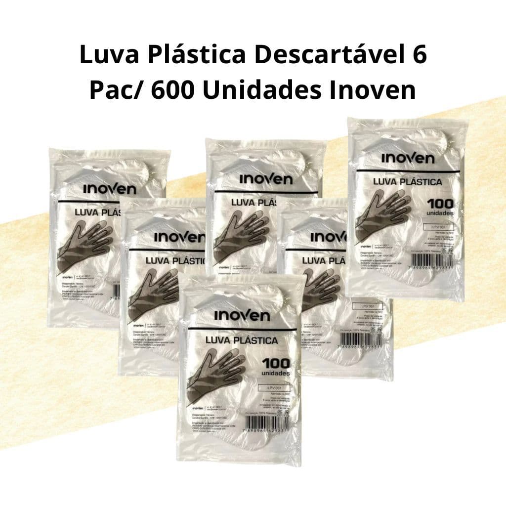 Kit 6 Pacotes Luva Plástica Descartável 600 Unidades Transparente Inoven
