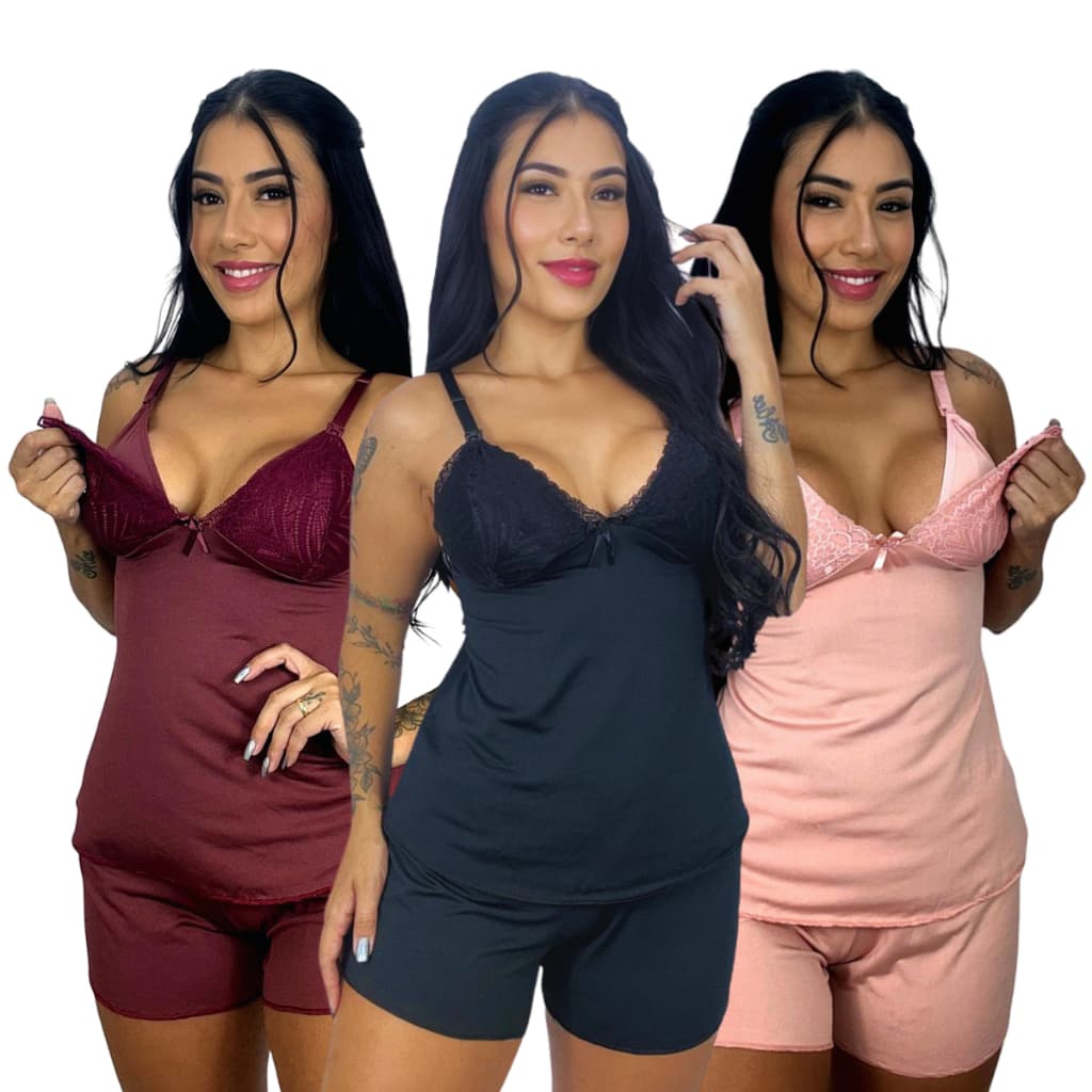 Kit 3 Baby Doll Amamentação Short Dool Maternidade Pós Parto