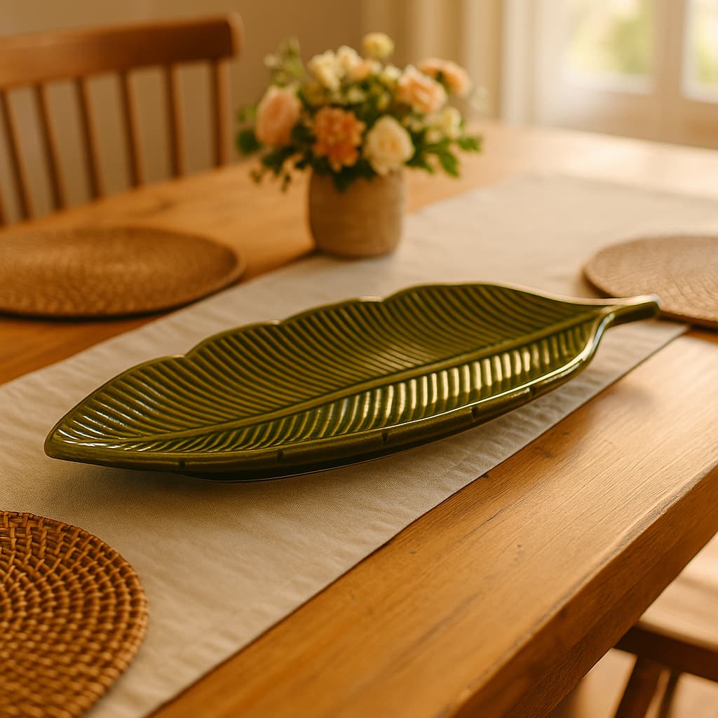 Travessa Folha Pantanal Em Cerâmica Louças Decoração