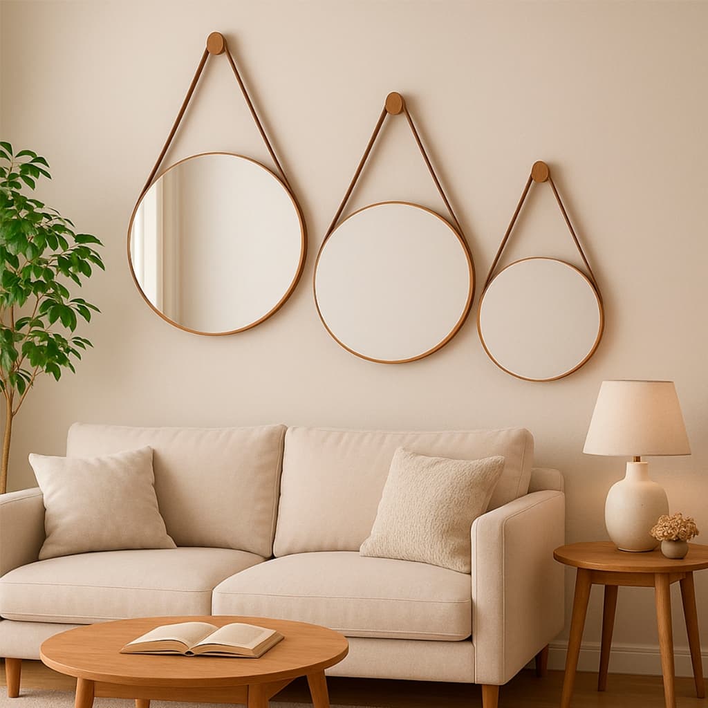 Kit Decoração Espelho Adnet Couro Costurado Decorativo Com Alça + Suporte 30cm 40cm 50cm 60cm