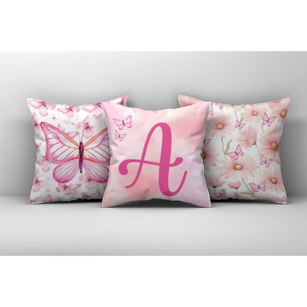 Kit 3 Capas de Almofada Borboleta Rosa com Inicial