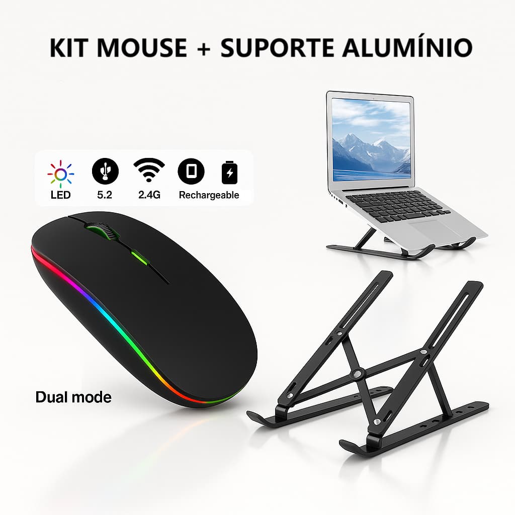 Kit Mouse Sem Fio Recarregável mais Suporte Notebook Tablet Regulável Home Office