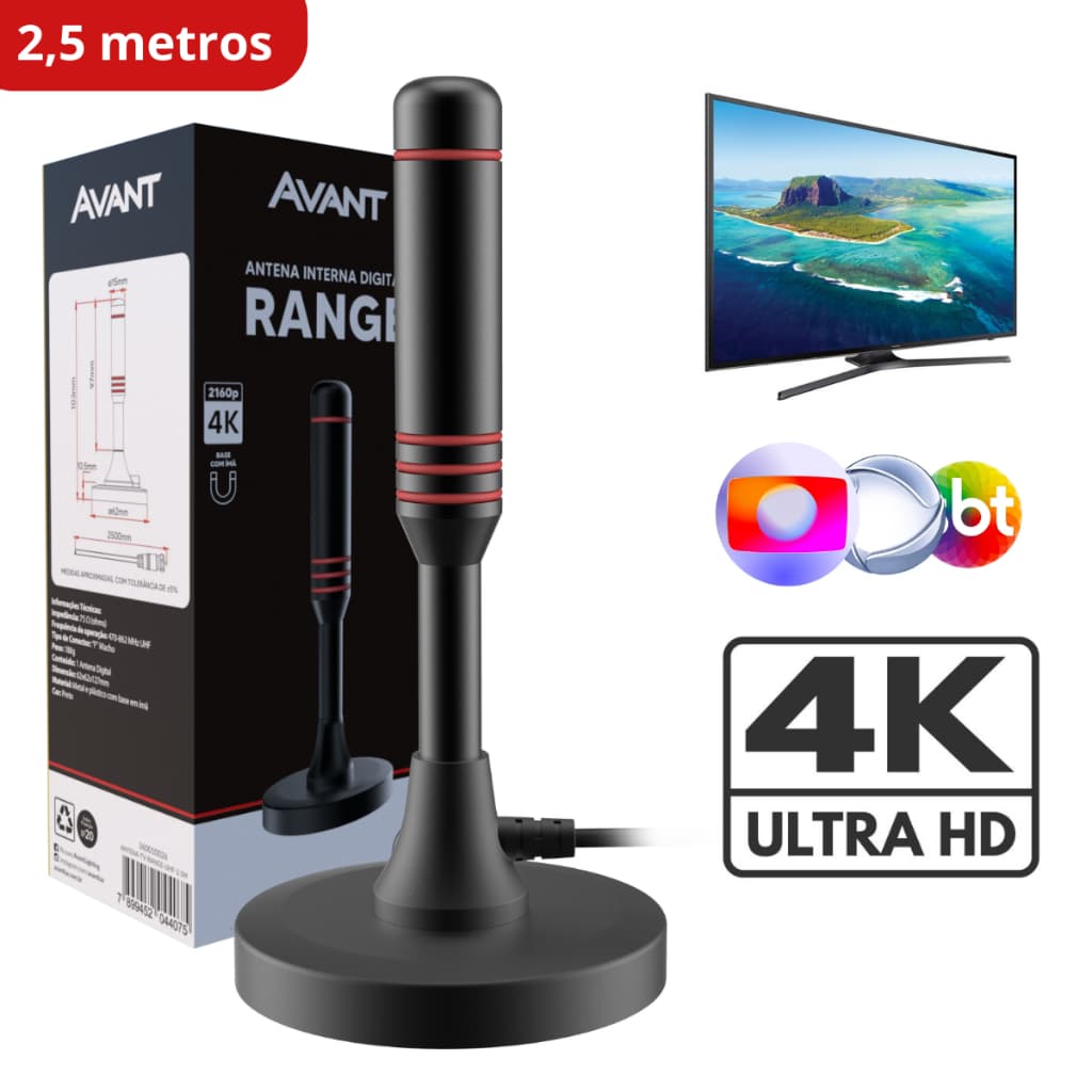 Antena Digital Tv UHD 4K Range Com Base Magnética e Cabo de 2,5 metros Preto Cod: 360010026 Avant