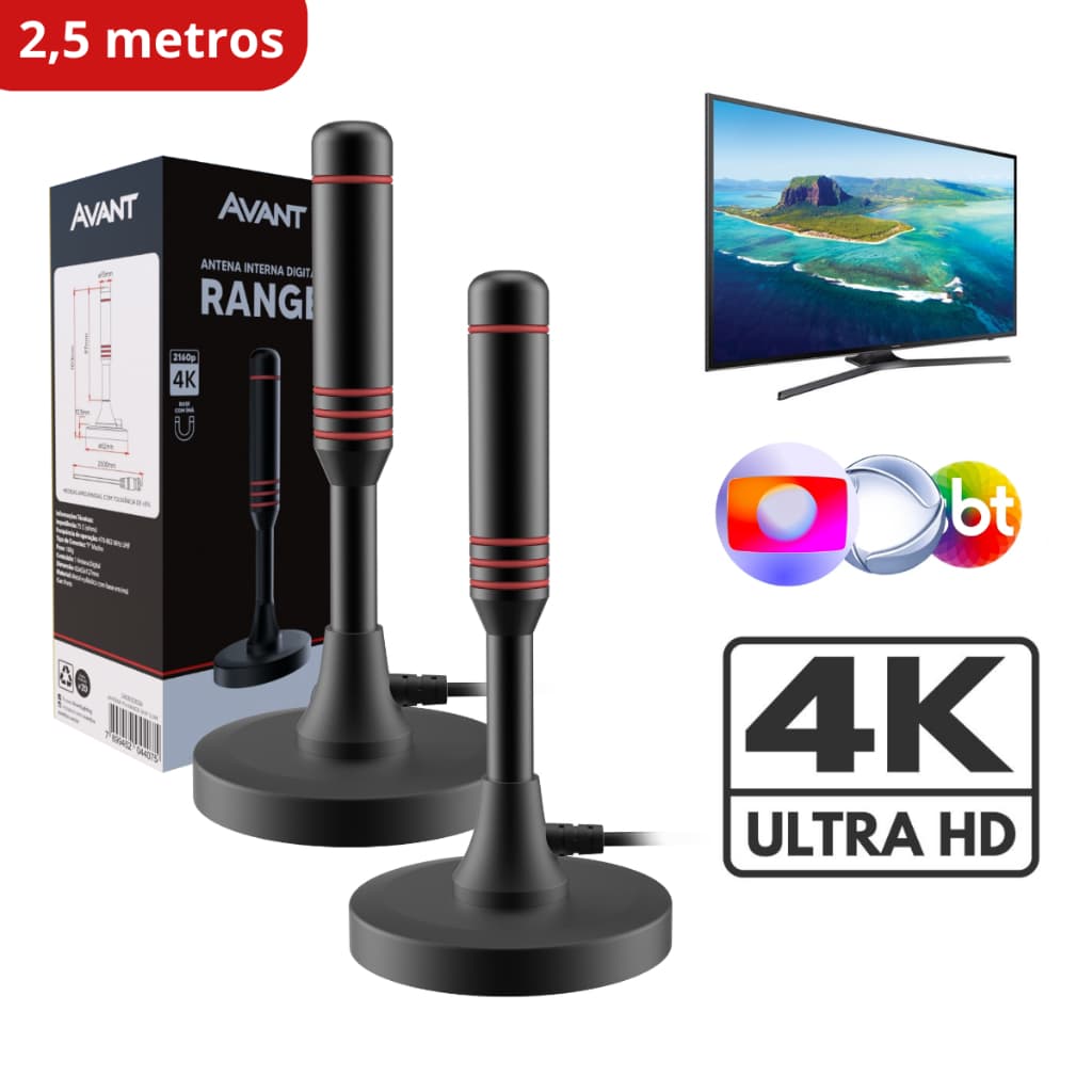 Kit 2 Antena Digital Tv UHD 4K Digital Range Com Base Magnética e Cabo de 2,5 metros Preto Cod: 360010026-2 Avant