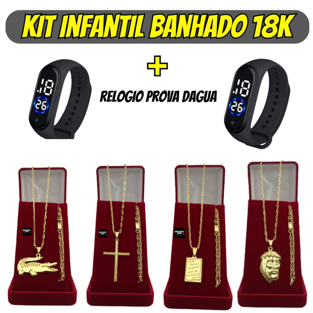 kit Corrente Menino Infantil 2mm Correntinha Banhado a Ouro + Pulseira e Pingente + Relógio Digital Prova Dagua