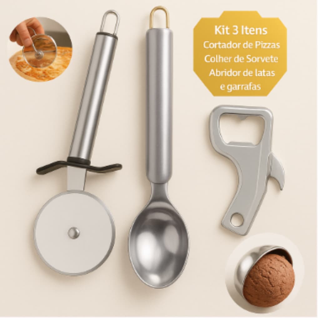 Cortador de Pizza + Colher de Sorvete + Abridor de Latas/Garrafas/Sardinha Kit 3 Pçs Aço Inox