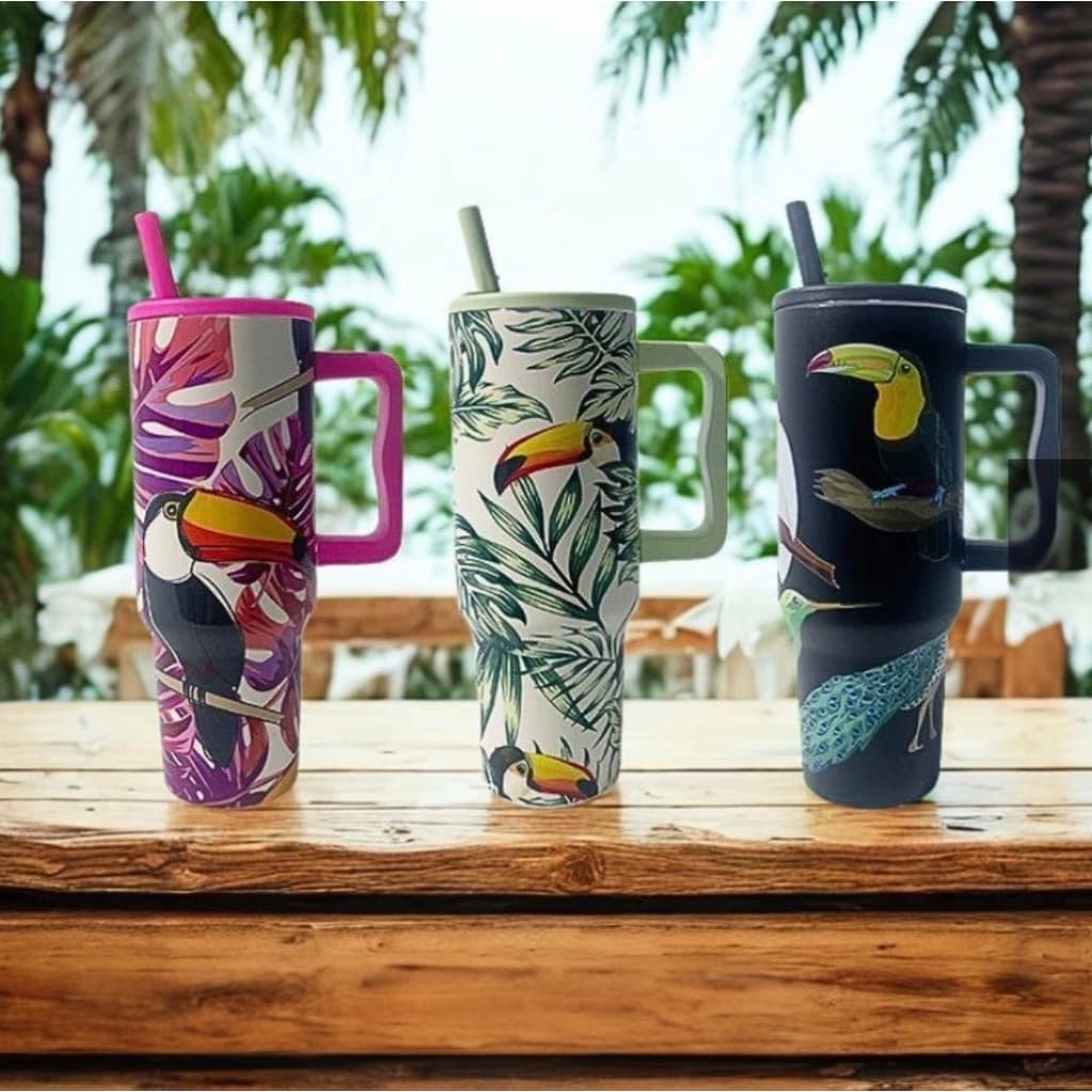 Brasi Estilo Copo Térmico Alça e Canudo Personalizado Estampado Fauna 1200ML Estampas de animais