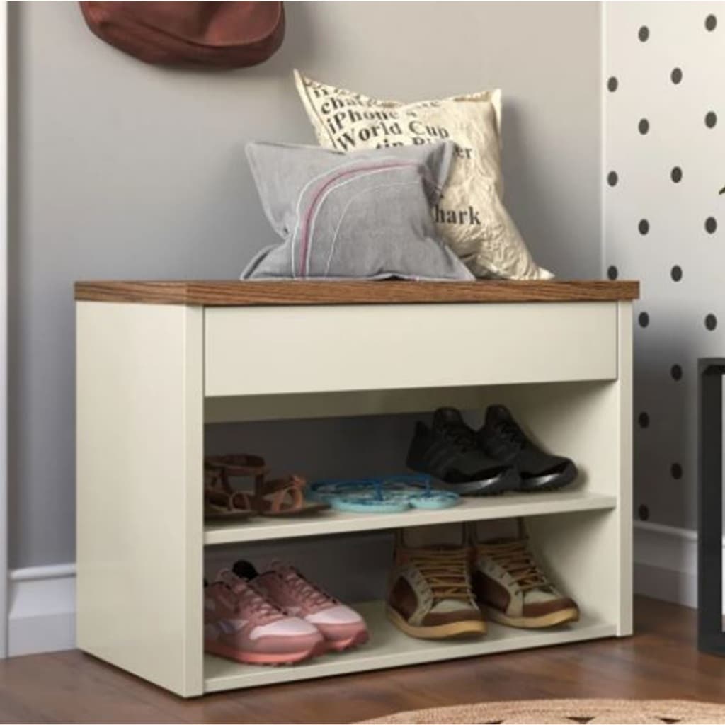 Sapateira e Banco 2 Prateleiras e Assento Hall - Off White com Freijó