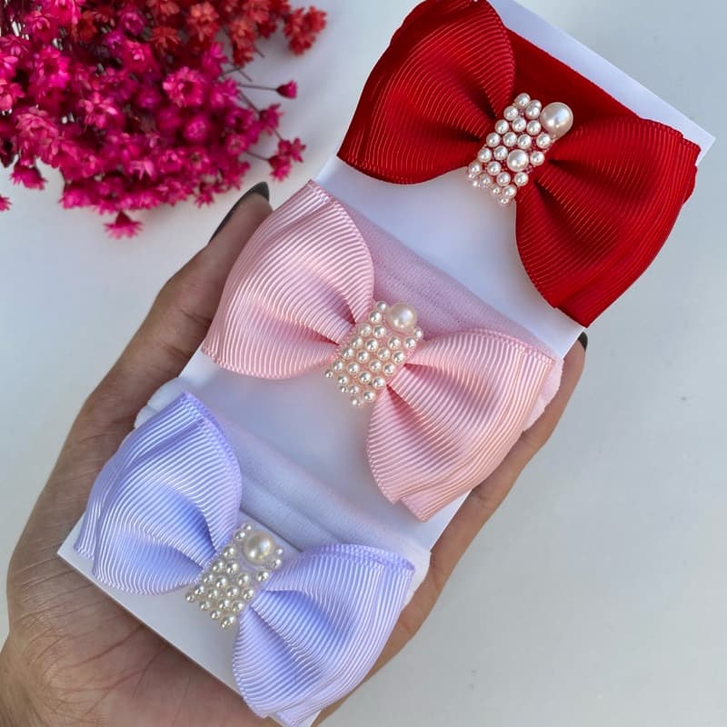 kit 3 faixas de bebê tiara em recém nascido slim laço gravatinha